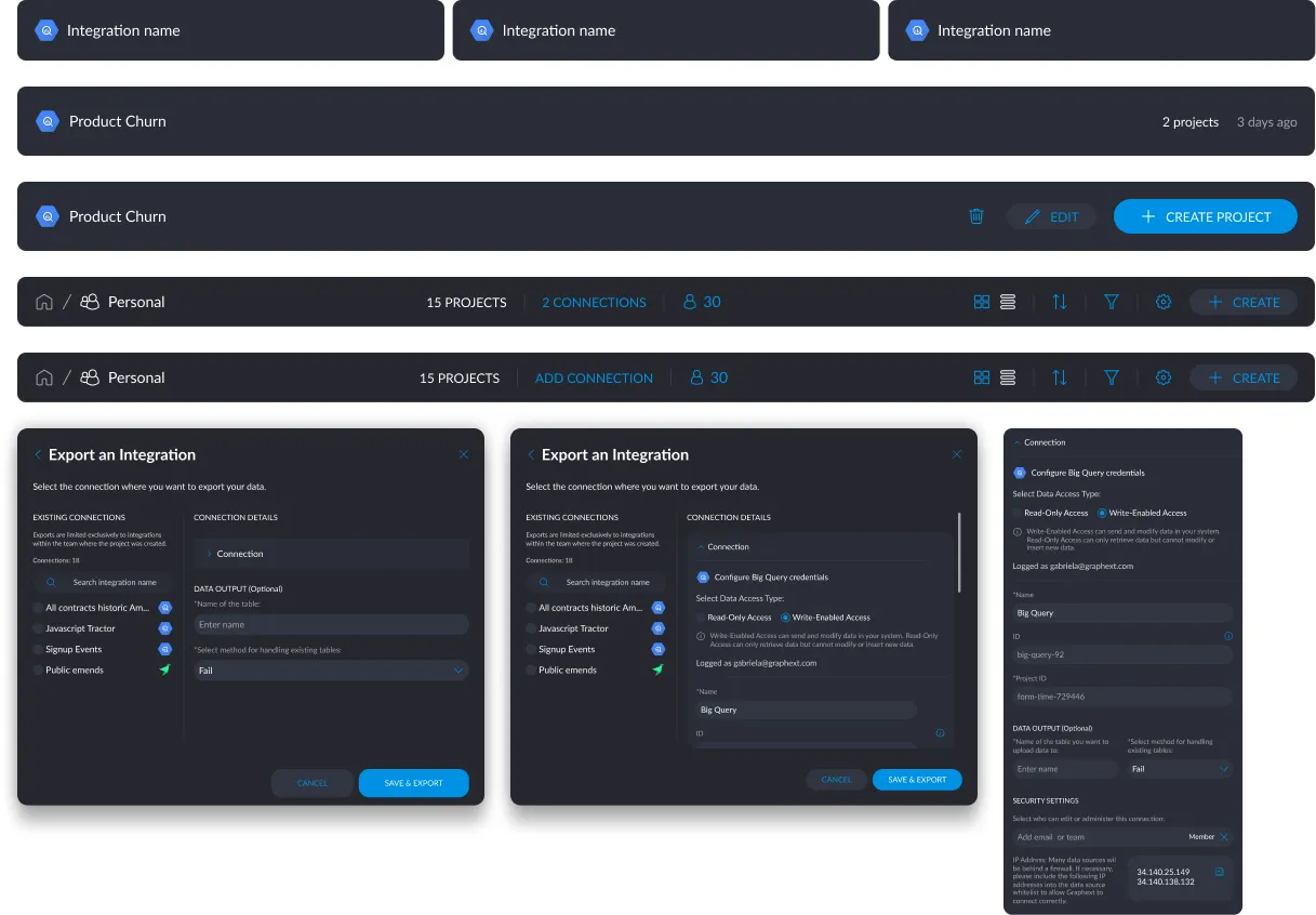Muestra de los componentes de interfaz diseñados para el nuevo flujo de integraciones.